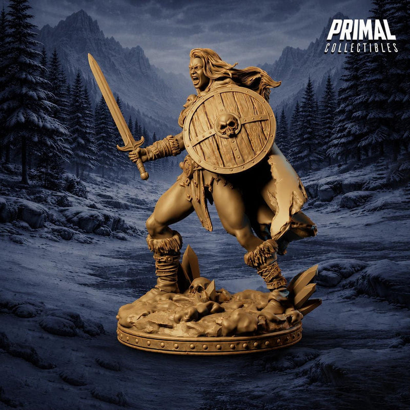 Female Barbarian Miniature DnD Sword Shield Warrior | UNPAINTED Resin for Pathfinder - Only-Games