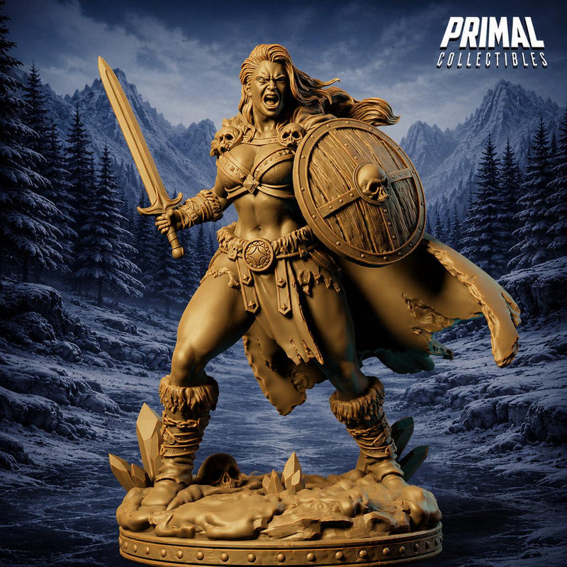 Female Barbarian Miniature DnD Sword Shield Warrior | UNPAINTED Resin for Pathfinder - Only-Games