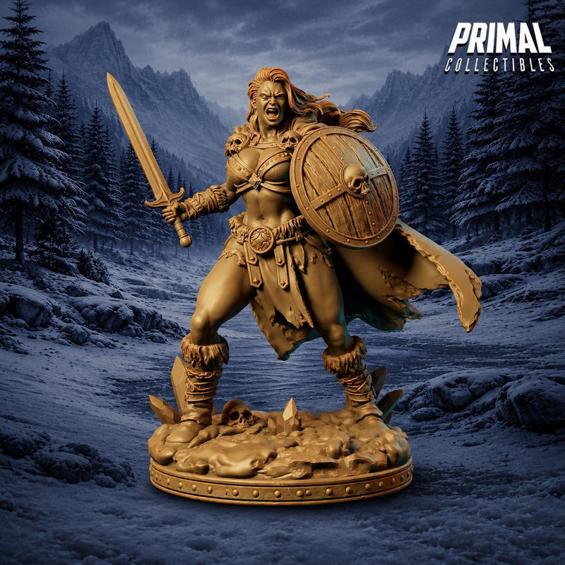 Female Barbarian Miniature DnD Sword Shield Warrior | UNPAINTED Resin for Pathfinder - Only-Games