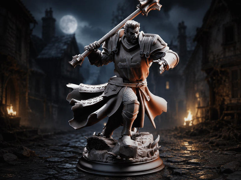 Half-Orc Paladin Cleric Miniature | Thaddeus Fortress Mace Warrior | Unpainted Resin - Only-Games