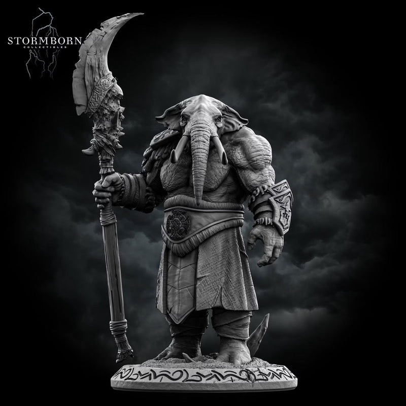 Elephantfolk Warrior Miniature | Polearm Fighter Tribal Guardian | UNPAINTED Resin DnD Pathfinder - Only-Games