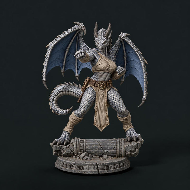 Female Silver Dragonborn Monk Miniature | Rhavelys Winged Open Hand Monk | UNPAINTED Resin DnD Pathfinder - Only-Games