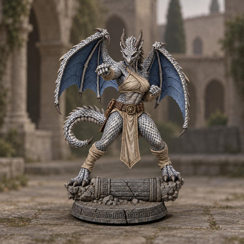 Female Silver Dragonborn Monk Miniature | Rhavelys Winged Open Hand Monk | UNPAINTED Resin DnD Pathfinder - Only-Games