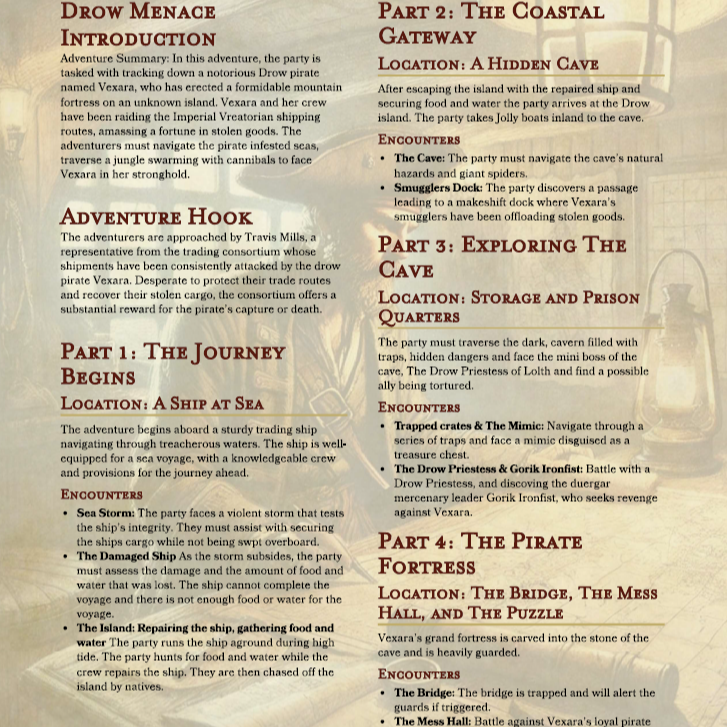Drow Pirate's Lair DnD Module: Pregenerated PCs, One Shot Adventure