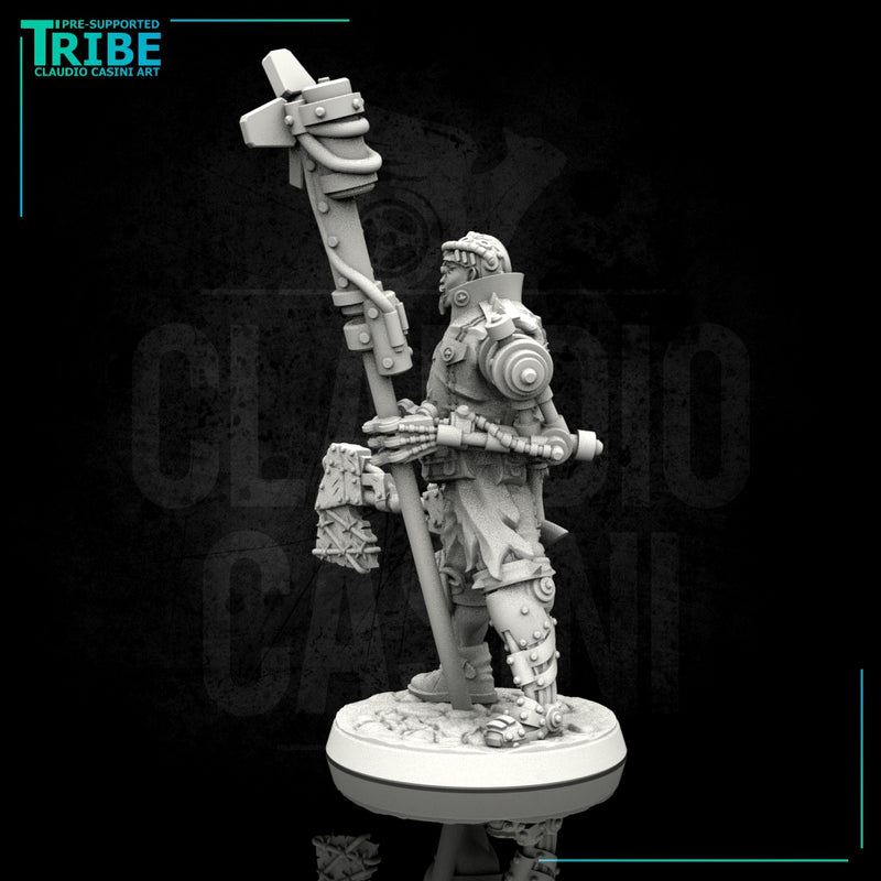 (0109) Male big guy post apocalyptic sci-fi warrior with a banner, axe and bionic arm - Only-Games