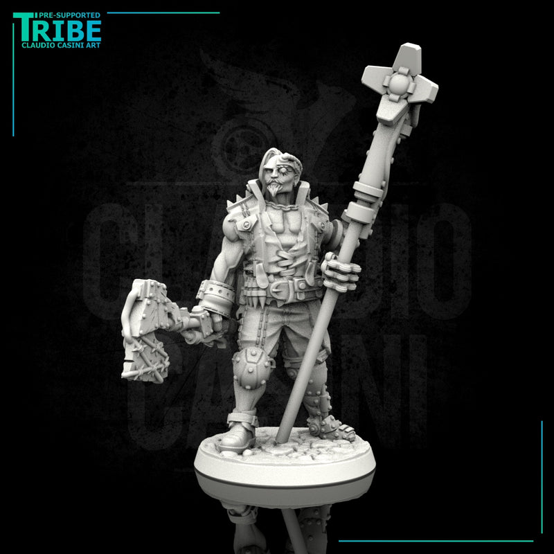 (0109) Male big guy post apocalyptic sci-fi warrior with a banner, axe and bionic arm - Only-Games