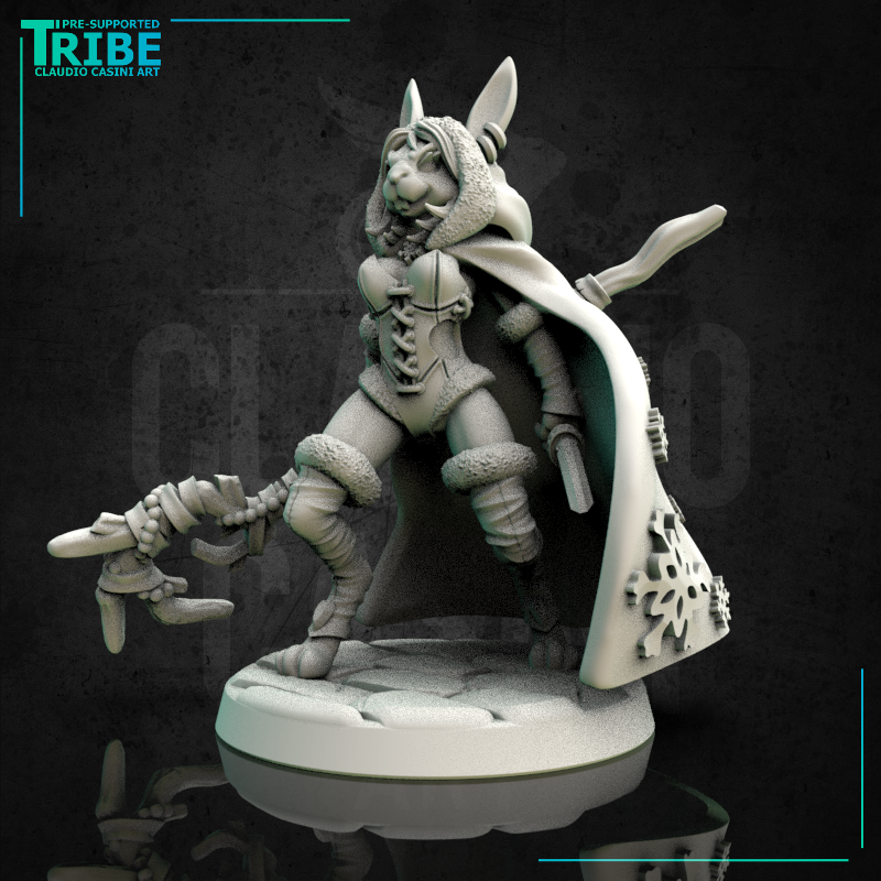 (0157) Female rabbitfolk wizard with a magical club, cape and a knife - Only-Games