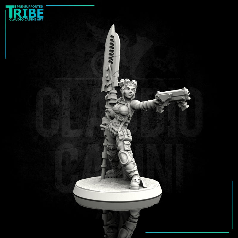 Female sci-fi post-apocalyptic street warrior with blade and rifle (0103) - Only-Games