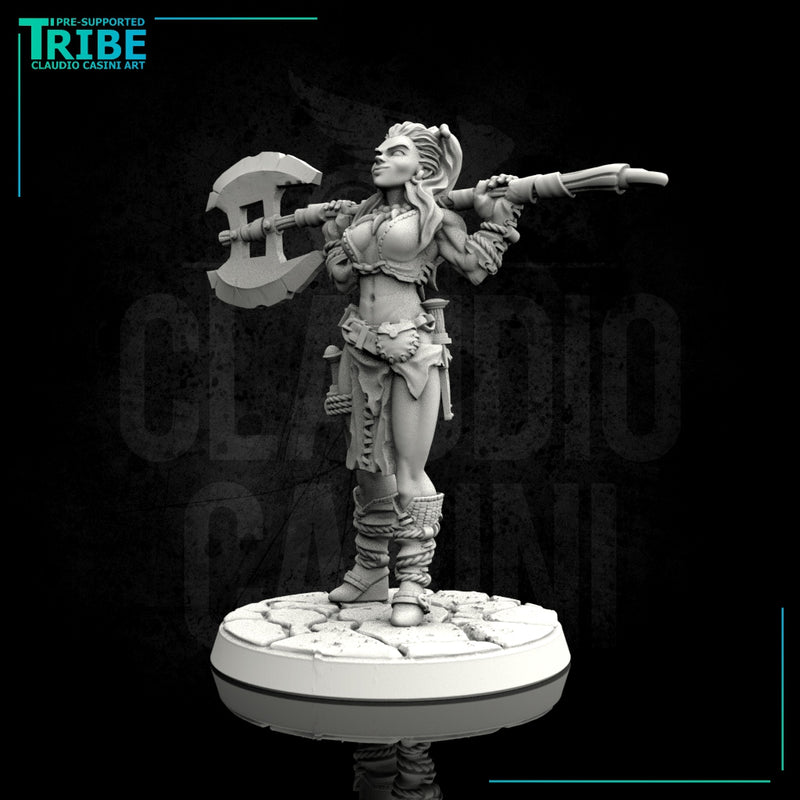 (0096) Female human elf half-orc tiefling firbolg barbarian with big axe - Only-Games