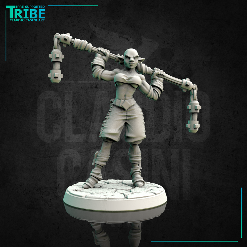 (0146) Female elf human tiefling firbolg half-orc shaolin monk with two hands mace or chain club - Only-Games