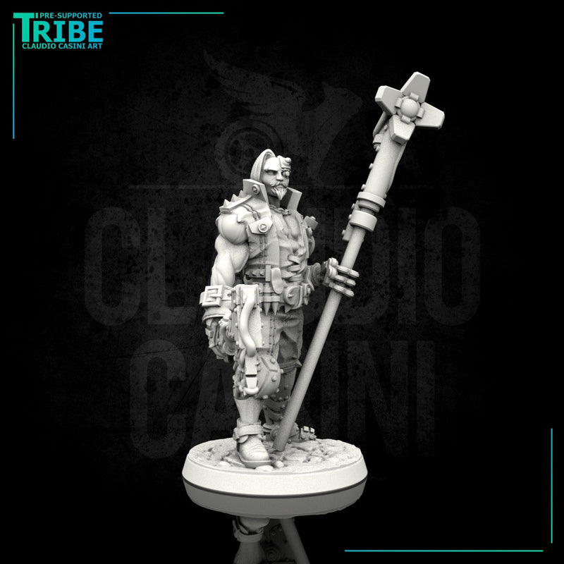 (0109) Male big guy post apocalyptic sci-fi warrior with a banner, axe and bionic arm - Only-Games