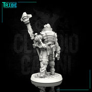 (0109) Male big guy post apocalyptic sci-fi warrior with a banner, axe and bionic arm - Only-Games