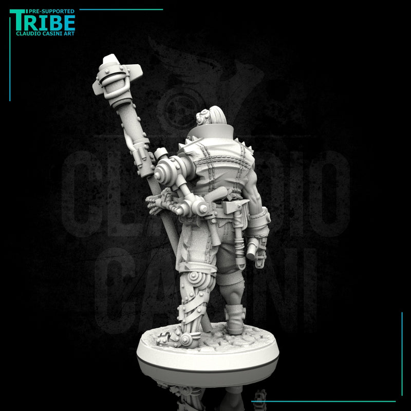 (0109) Male big guy post apocalyptic sci-fi warrior with a banner, axe and bionic arm - Only-Games