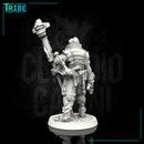 (0109) Male big guy post apocalyptic sci-fi warrior with a banner, axe and bionic arm - Only-Games