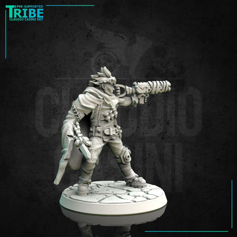 (0165) Male sci-fi post-apocalyptic warrior with mechanical arm and gun - Only-Games