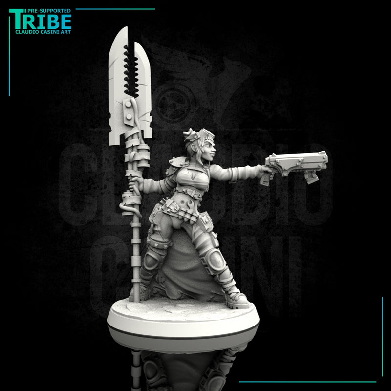 Female sci-fi post-apocalyptic street warrior with blade and rifle (0103) - Only-Games