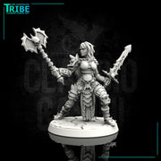(0007) Female human elf half-orc tiefling barbarian with sword and axe - Only-Games