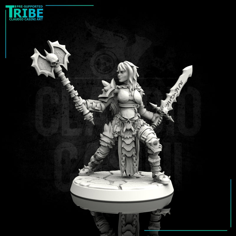 (0007) Female human elf half-orc tiefling barbarian with sword and axe - Only-Games
