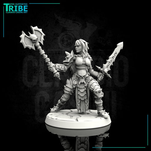 (0007) Female human elf half-orc tiefling barbarian with sword and axe - Only-Games
