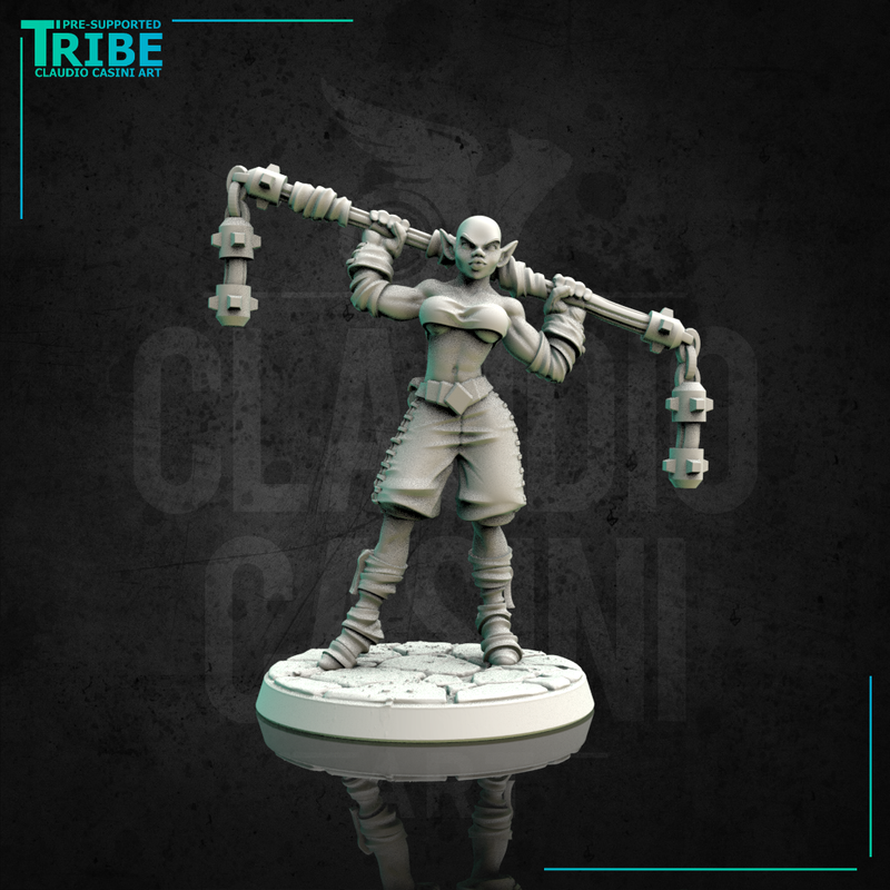 (0146) Female elf human tiefling firbolg half-orc shaolin monk with two hands mace or chain club - Only-Games