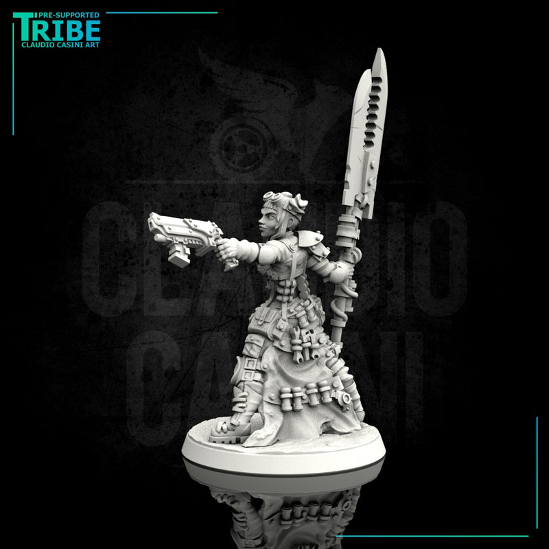 Female sci-fi post-apocalyptic street warrior with blade and rifle (0103) - Only-Games