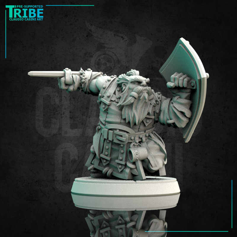 (0158) Male dwarf warrior with a shield and an arm-blade - Only-Games