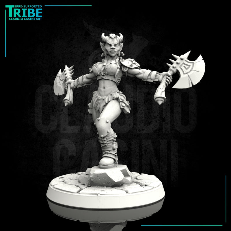 (0003) Female human elf half-orc tiefling firbolg barbarian with two axes - Only-Games