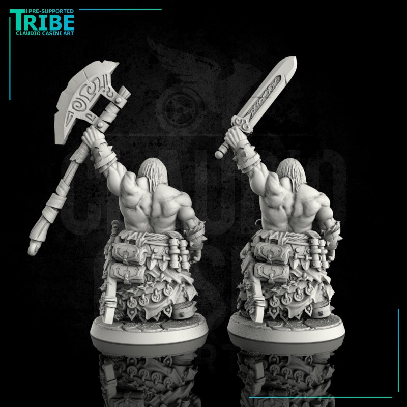(0034) Male human orc half-orc barbarian warrior with sword and big axe - Only-Games