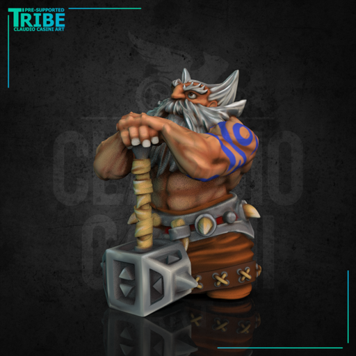 (0134) Male dwarf barbarian warrior with two hands hammer - Only-Games