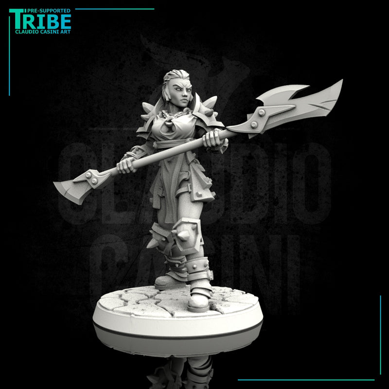 (0021) Female human elf half orc tiefling barbarian with halberd - Only-Games