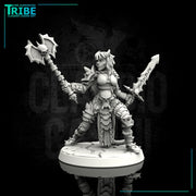 (0007) Female human elf half-orc tiefling barbarian with sword and axe - Only-Games