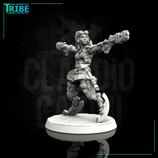 (0104) Female sci-fi post-apocalyptic street warrior with guns and bionic legs - Only-Games