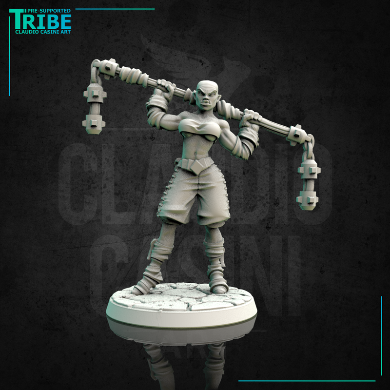 (0146) Female elf human tiefling firbolg half-orc shaolin monk with two hands mace or chain club - Only-Games