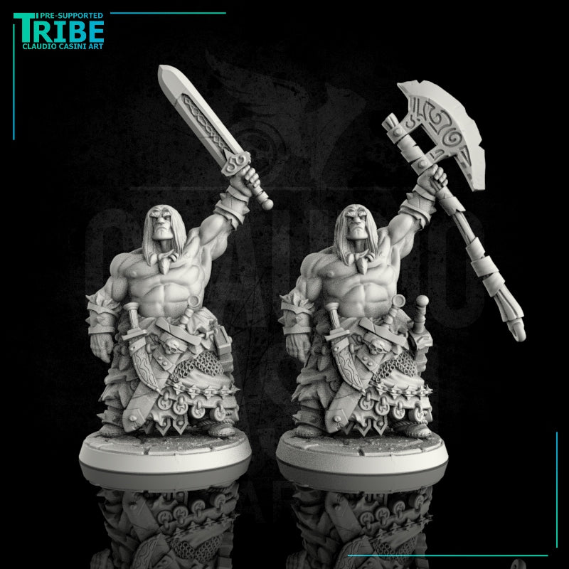 (0034) Male human orc half-orc barbarian warrior with sword and big axe - Only-Games