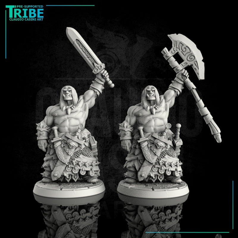 (0034) Male human orc half-orc barbarian warrior with sword and big axe - Only-Games