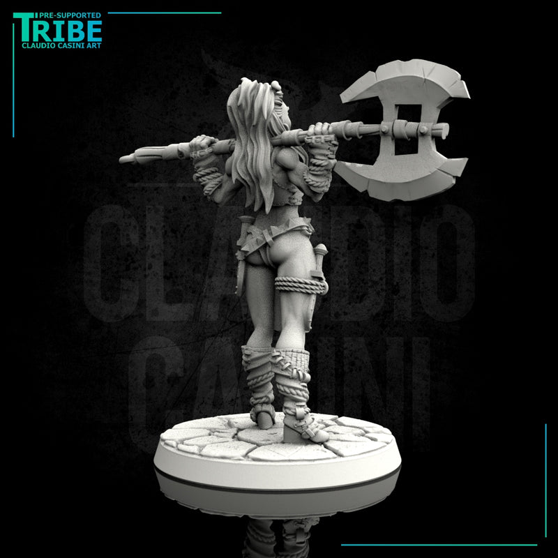 (0096) Female human elf half-orc tiefling firbolg barbarian with big axe - Only-Games