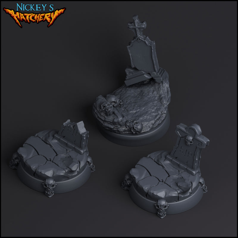 Graveyard Miniature Bases, 25mm and 30mm, 3D Printed in Black Plastic - Set of 3 - Grave, Rocks - Only-Games