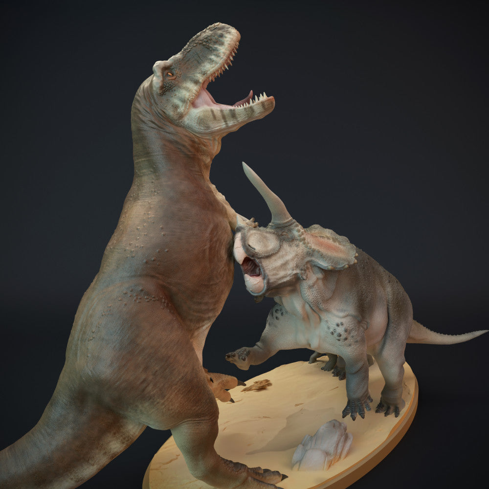 Tyrannosaurus Rex vs Triceratops scene - Dino and Dog - Miniatures