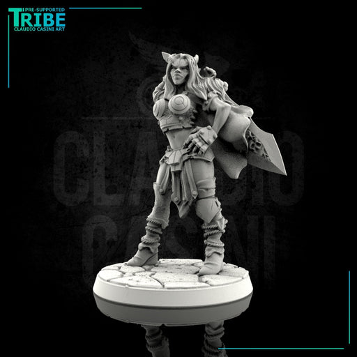 (0043) Female human tiefling firbolg half-orc barbarian with big sword - Only-Games