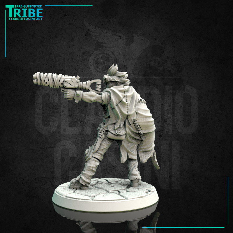 (0165) Male sci-fi post-apocalyptic warrior with mechanical arm and gun - Only-Games