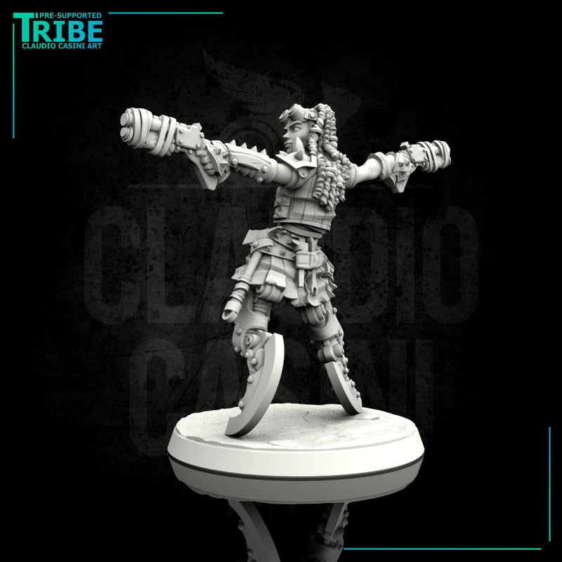 (0104) Female sci-fi post-apocalyptic street warrior with guns and bionic legs - Only-Games