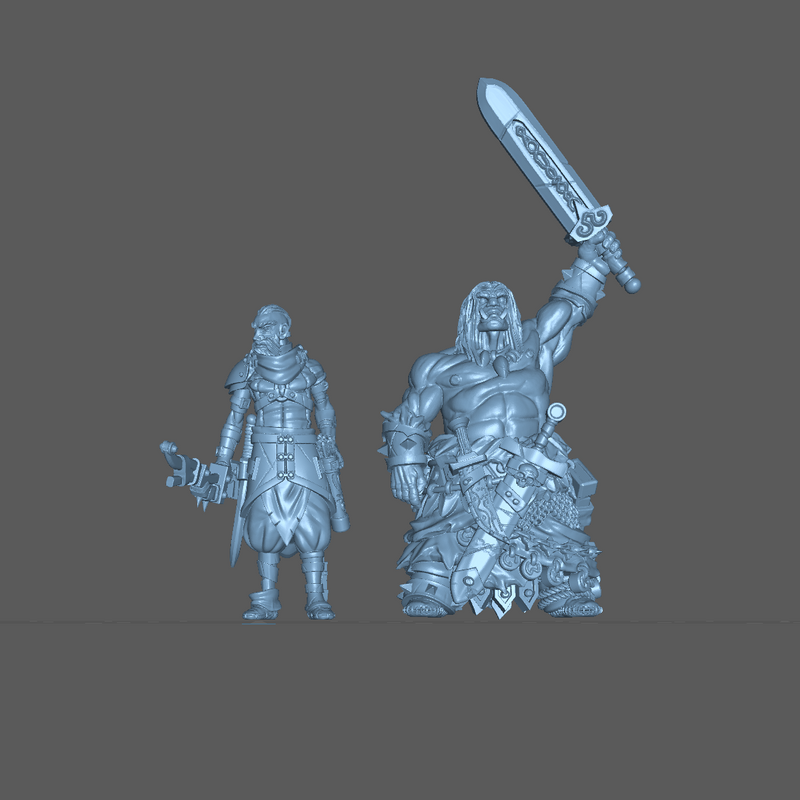 (0034) Male human orc half-orc barbarian warrior with sword and big axe - Only-Games