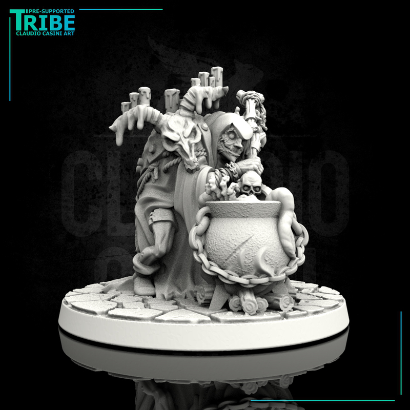 (0121) Female horror human, firbolg, half-orc, tiefling old witch with cauldron - Only-Games