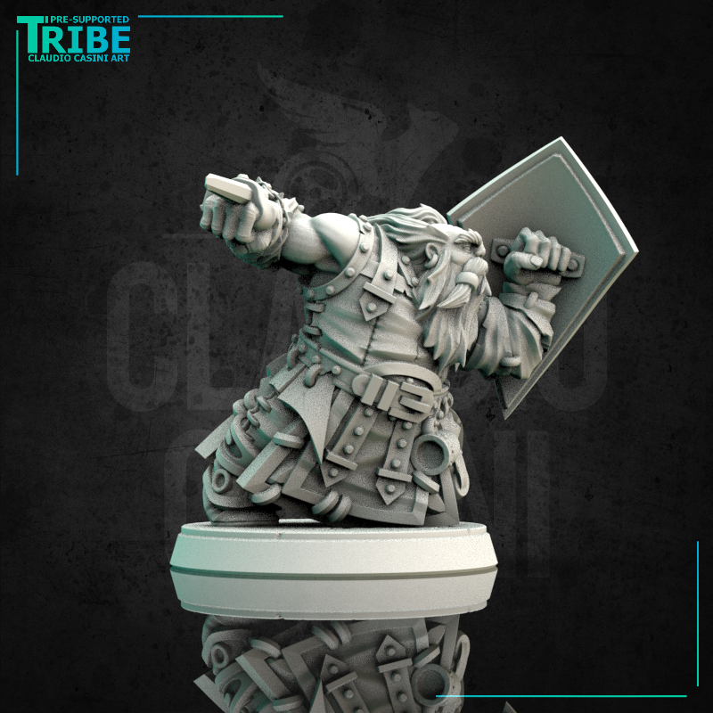 (0158) Male dwarf warrior with a shield and an arm-blade - Only-Games