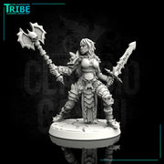 (0007) Female human elf half-orc tiefling barbarian with sword and axe - Only-Games