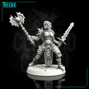 (0007) Female human elf half-orc tiefling barbarian with sword and axe - Only-Games